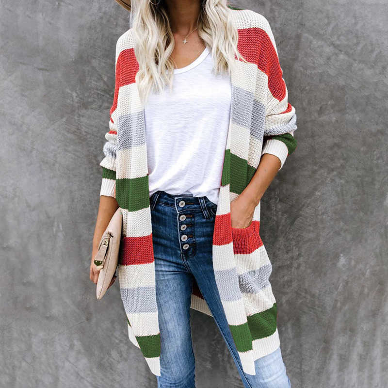 Woman Casual Long V-Neck Cardigans Knitted Sweater for Womens Autumn Female Colorful Striped Sleeve Pockets Cardigan 210604