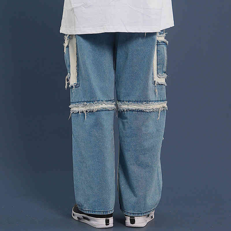 IEFB /men's wear streetewar hip hop loose raw edge patchwork loose jeans male spring straight denim patns 9Y1852 210524