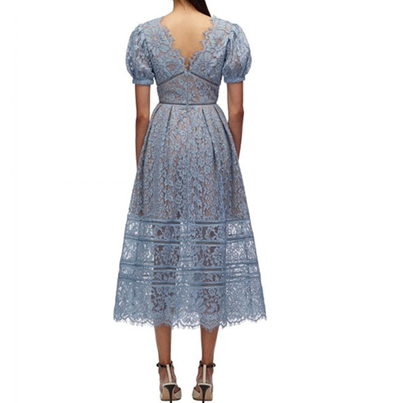 Fashion Runway Summer Short Sleeve Lace Long Dresses Women Vintage Vacation Beach Mid-Length Vestido Da Festa 210520