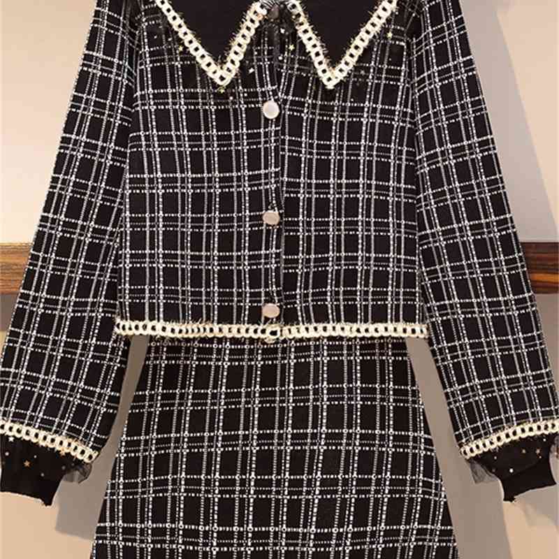 L-5XL Plus Size Women's Suits Autumn And Winter Womens Tweed Plaid Coat Tops + Mini Skirt Large Size 2 Pieces Set 210515