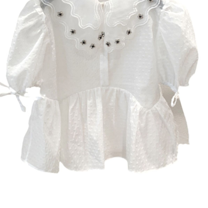 Nomikuma Korean Beads Mesh Peter Pan Collar Women Blouse Shirt Summer New Lace Up Puff Sleeve Ruffle Sweet Blusas 6G705 210427