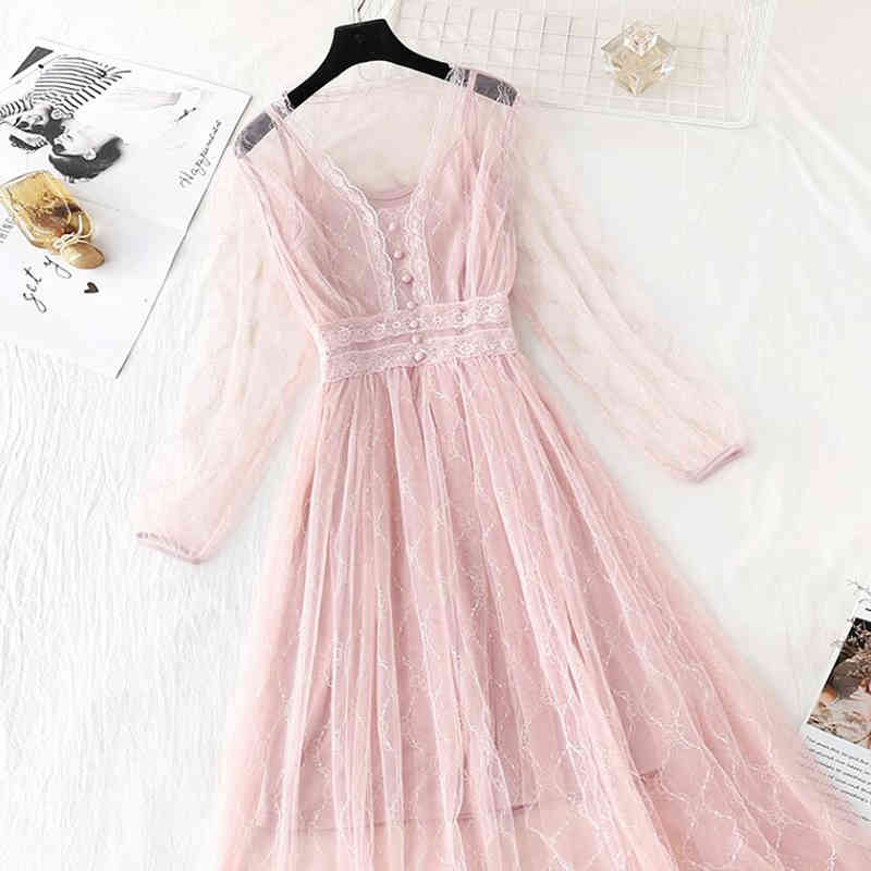 Solid Color Women Dress 2-piece Set Spring Summer Vintage Sweet Mesh Dresses Long Sleeve Party Dress Robe Femme Vestido 210521