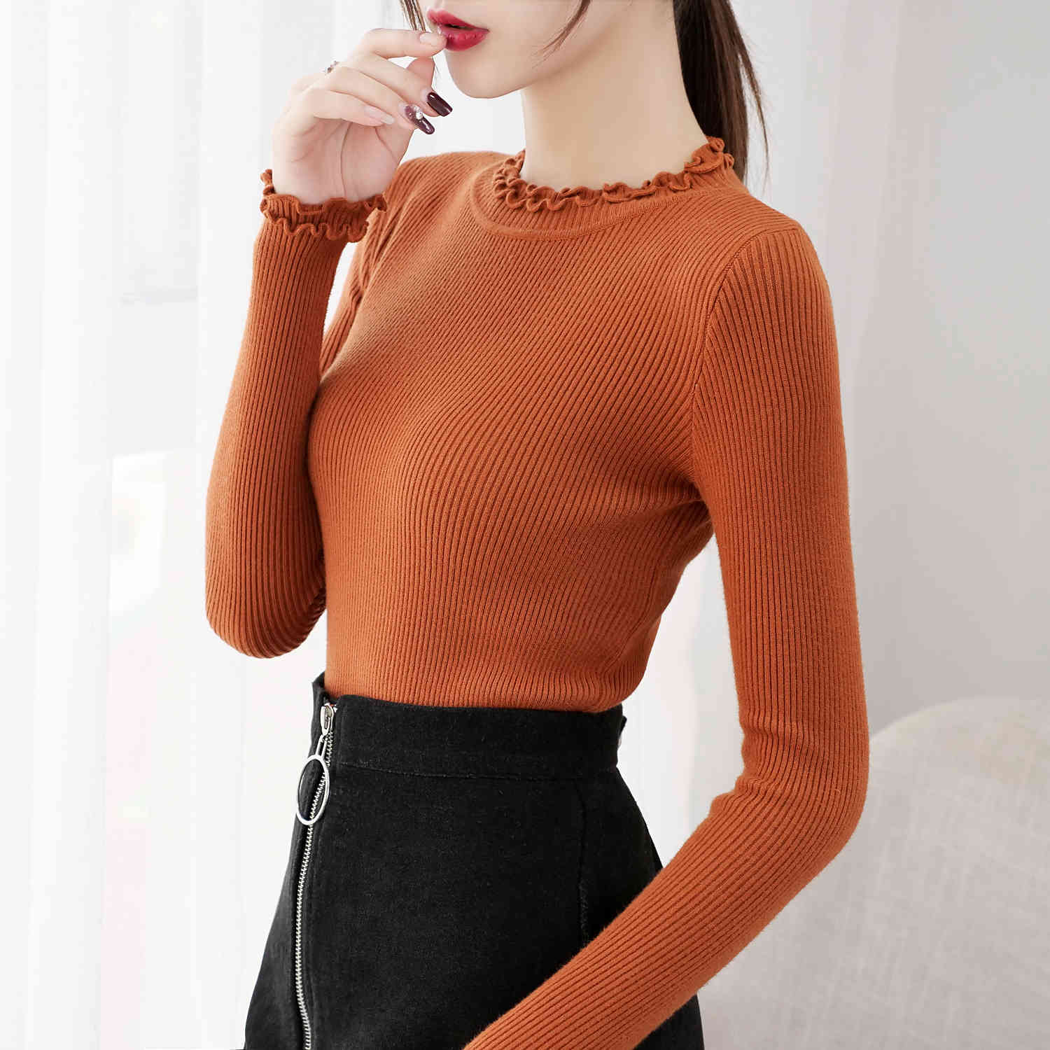 Semi-high-collar knitted sweaters long sleeves pullovers Half-High Neck HongKong style women Slim Fit Sweaters 7233 50 210518