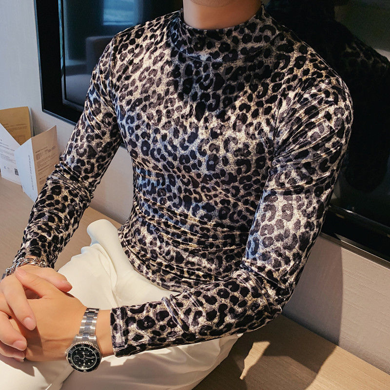 IEFB Stand Collar Base Long Sleeve Spring T-shirt Slim Leopard Print Tight Slim Fit Flannel Fashion Trend Tops 9Y6674 210524