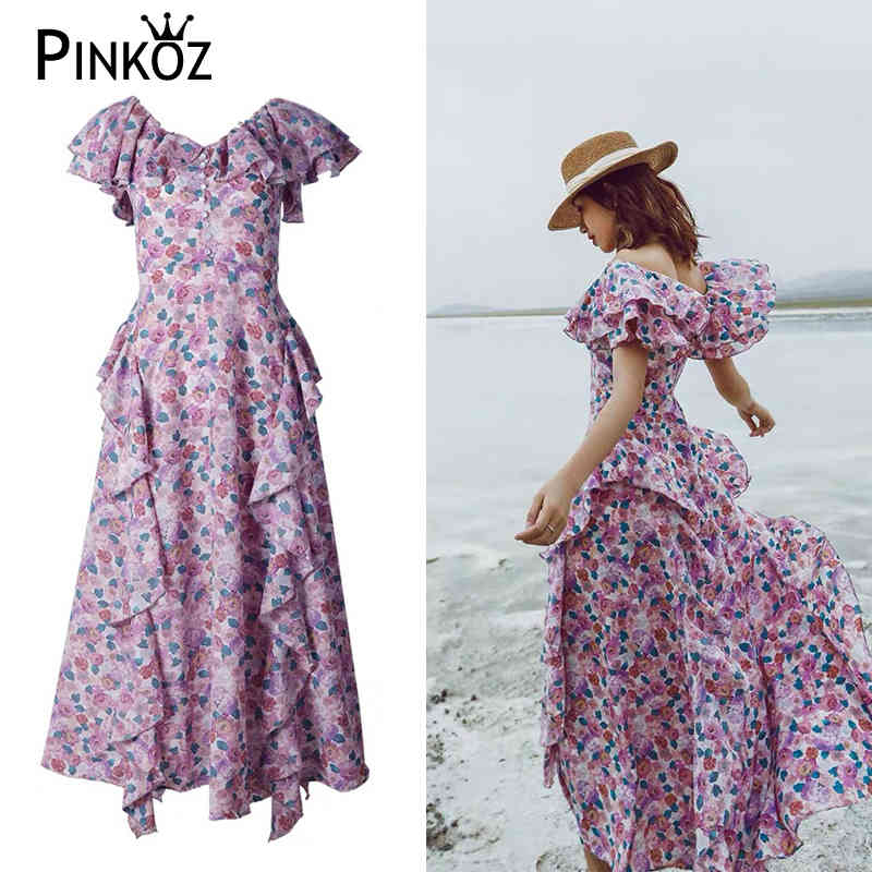 purple ruffles slash neck floral maxi dresses for women holiday resort chic Victorian style vintage roupas femininas rope 210421