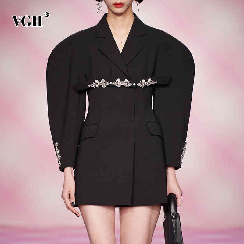 VGH Black Patchwork Diamond Blazer For Women Notched Long Sleeve Casual Joker Blazers Female Fashion Spring New Clothing 210421