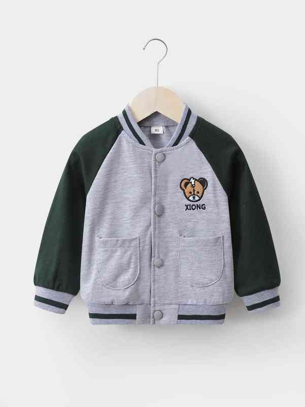 Baby Bear & Letter Embroidery Raglan Sleeve Dual Pocket Bomber Jacket SHE