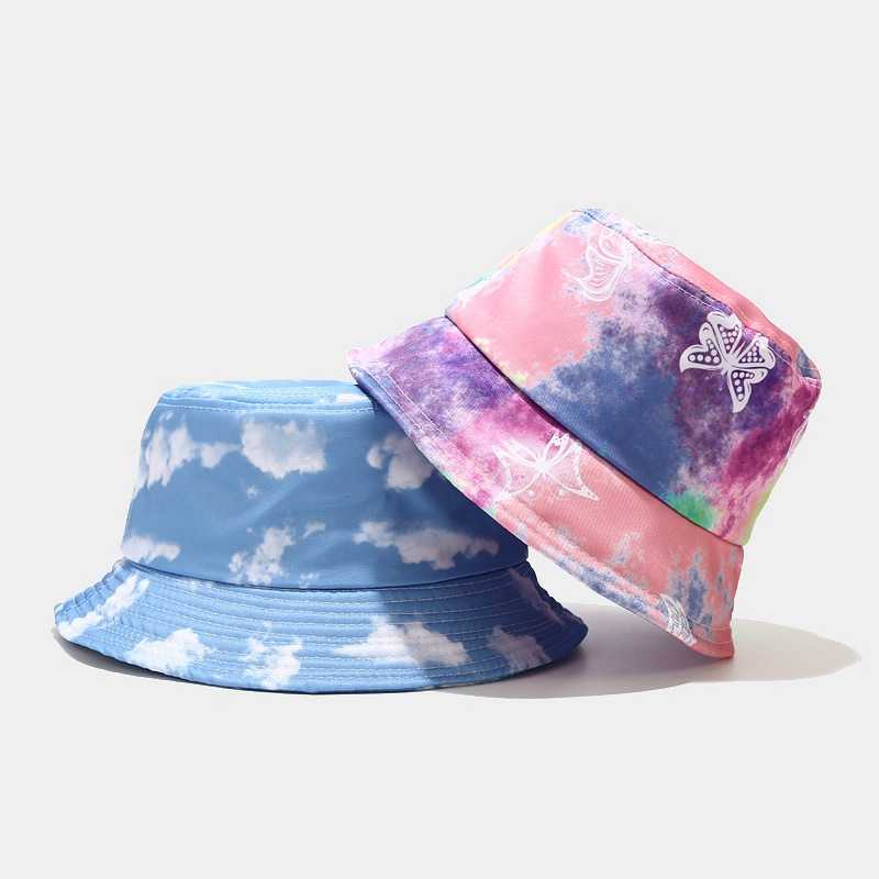 Rainbow Cow Tie Dye Blue Sky Clouds Flame Bucket Hat Women Men Multicolor Unisex Summer Panama Caps Outdoor Grid Fisherman's Hat Q0805
