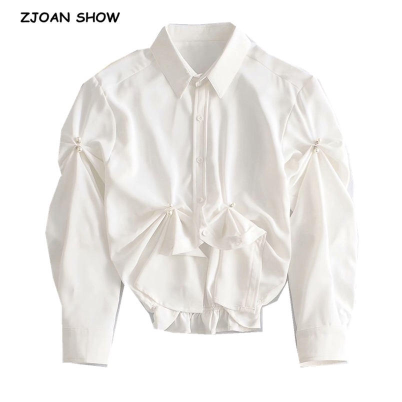 French Lapel Pleated Ruched Button Pearl White Shirt Short Women Blouse Hem Irregular Long Puff Sleeve Tops 210429