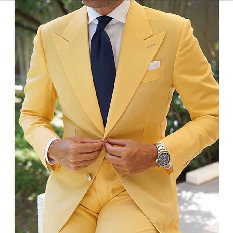 Yellow Slim Fit Casual Men Suits 2 Piece Wedding Groom Tuxedo Male Fashion Business Blazer with Pants Latest Design X0909