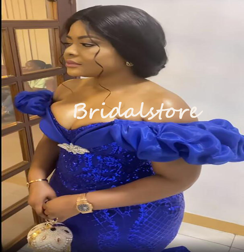 2022 Plus Size Mermaid Prom Dresses Aso Ebi Royal Blue African Evening Dress With Sequins Glitter Lace Corset econd Reception Birthday Party Engagemen