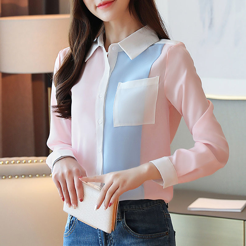 Autumn Fashion Women Chiffon Blouses Office Lady Shirts Long Sleeve Pocket Tops Casual Spliced Clothing 6196 50 210506