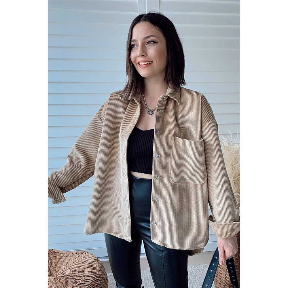 Women Corduroy Overshirt Jackets Long Sleeves Collared Casual Fashion Vintage Woman Coats Tops 210709, Khaki
Women Corduroy Overshirt Jackets Long Sleeves Collared Casual Fashion Vintage Woman Coats Tops 210709, Khaki