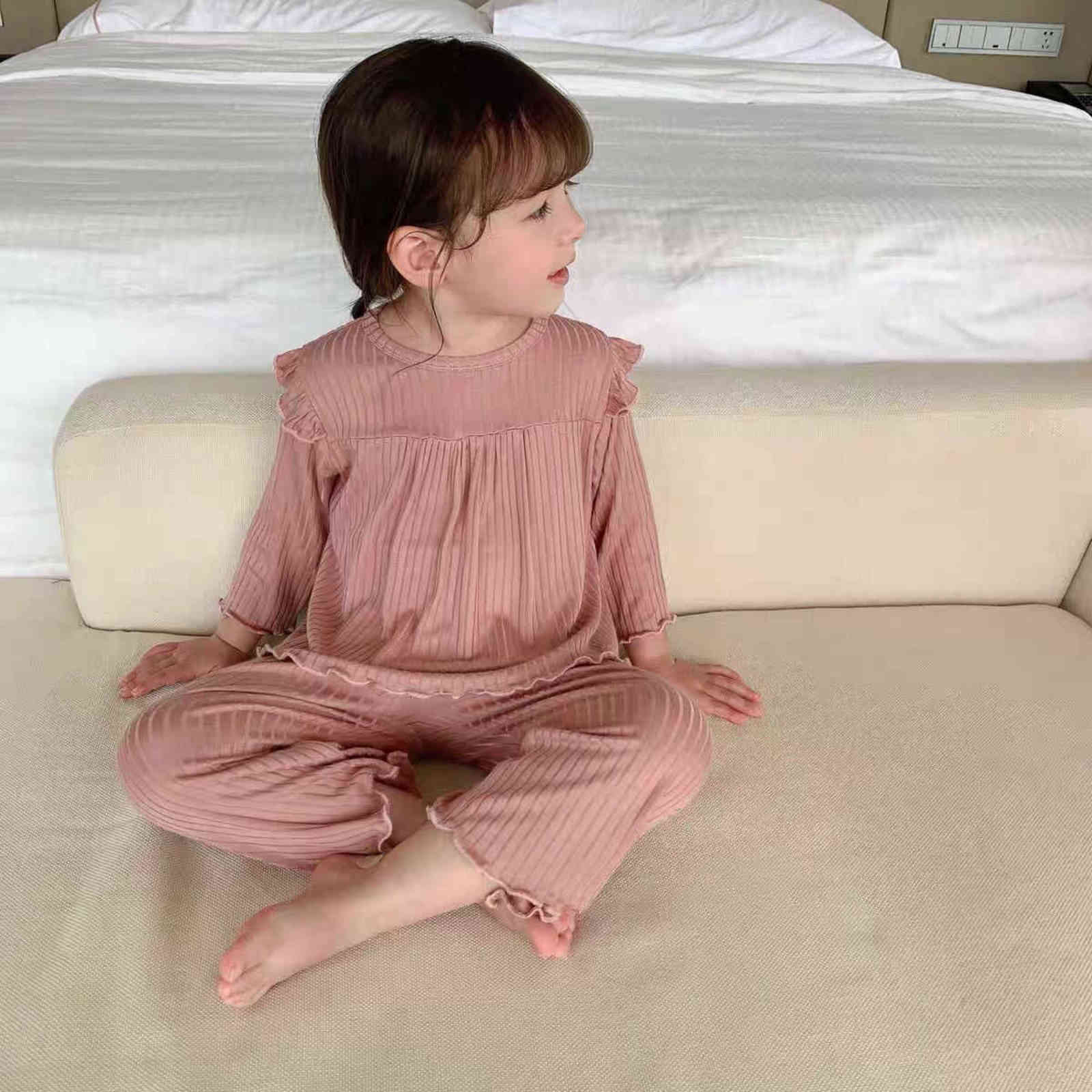 Baby Girls Pajamas Set Sweet Spring Autumn Soft Loose Ruffled Ribbed Pullover Two Piece Home Wear Infant Toddler Clothing 211130
