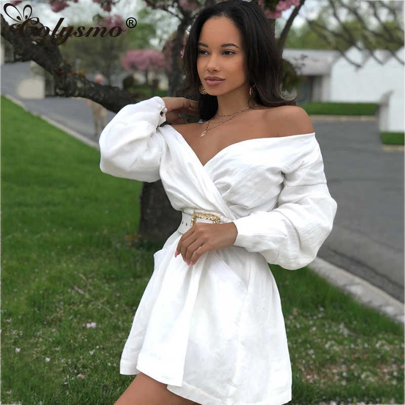 Colysmo Autumn Dress Women Off Shoulder Mini White Sexy With Belt V-neck Party Club Wear A-line Casual Elegant 210527