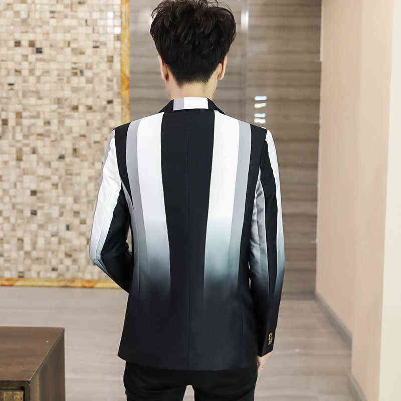 Men Striped Blazer Hombre Stylish Spring Trend Personality Color Contrast Masculino Slim Fit Homme 211120