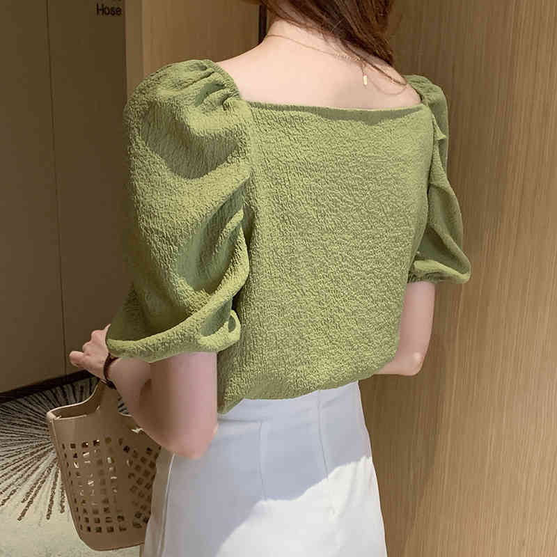 Solid V-neck Chiffon Blouse Blusas Mujer De Moda Korean Fashion Clothing Summer Ladies Tops White Shirt 9366 210506