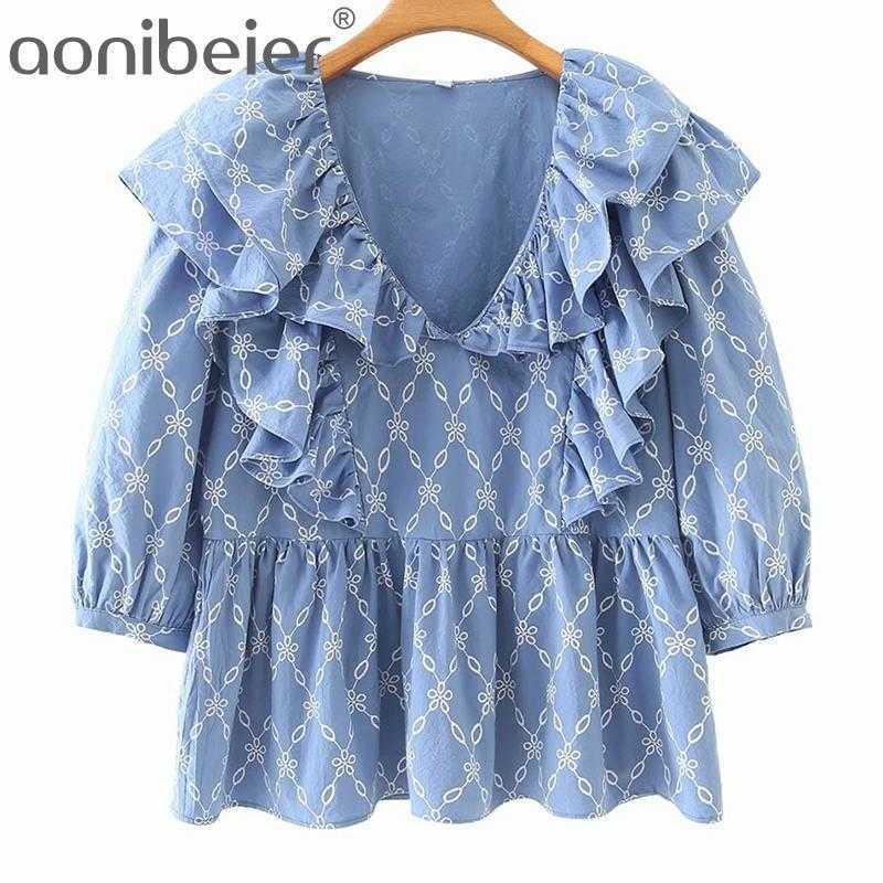 Summer Printed Loose Blouse Three Quarter Sleeve Cascading Ruffles Casual Women Blouses V Neck Female Pullovers Tops 210604, Blue
Summer Printed Loose Blouse Three Quarter Sleeve Cascading Ruffles Casual Women Blouses V Neck Female Pullovers Tops 210604, Blue