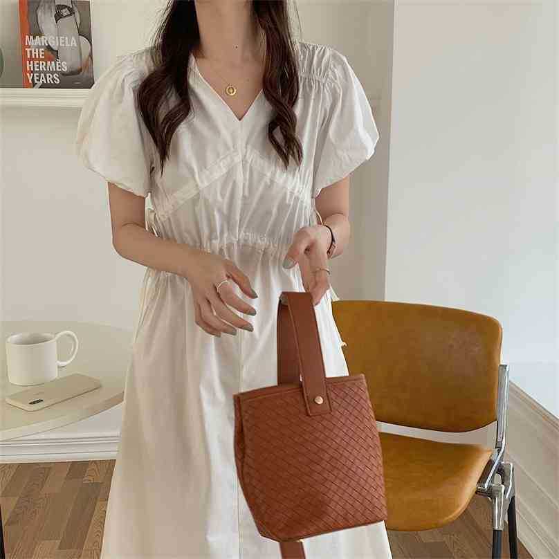 Korean Chic Retro Light V-neck Pleated Drawstring Vintage Femme Girls Bubble Sleeve Slim Dresses Vestidos 210525, White 
Korean Chic Retro Light V-neck Pleated Drawstring Vintage Femme Girls Bubble Sleeve Slim Dresses Vestidos 210525, White
