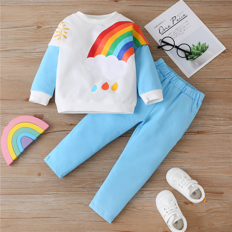 Baby Boys Spring Clothing Sets Rainbow Print Stitching Toddler Clothes Sweatshirt Pants Outfit Suit Kids Children 210508