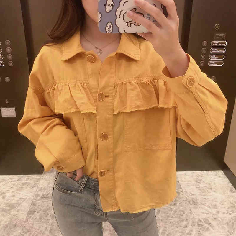 Women Shirts Jacket Ruffles Layered Embellished Pockets Long Sleeves Vintage Blouses Loose Shirt Spring 210521