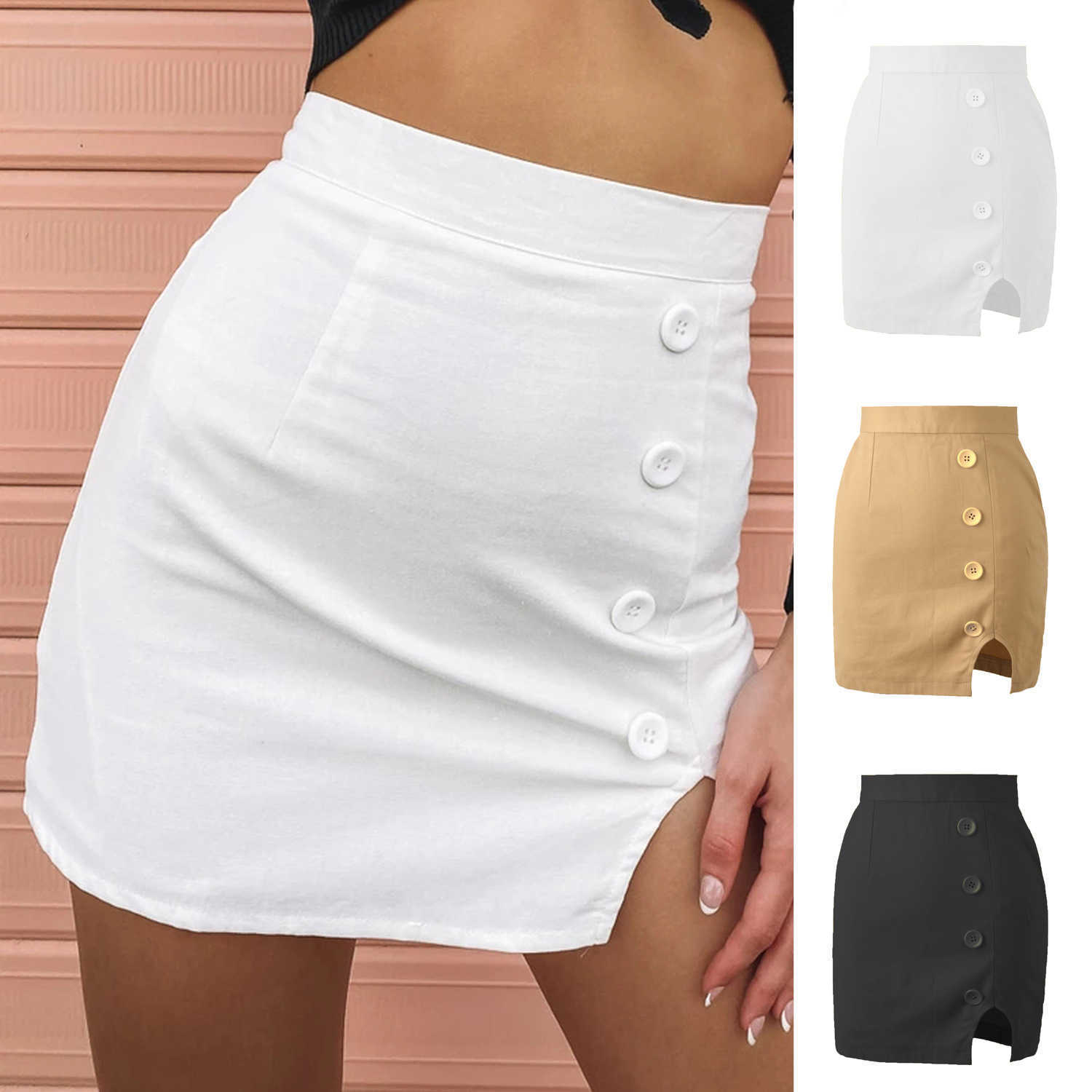 Summer High Waist Button Split Skirt Ladies Casual Sexy Bodycon MIni Dresses Women Slim Black Office Skirts Falda Blanca 210604