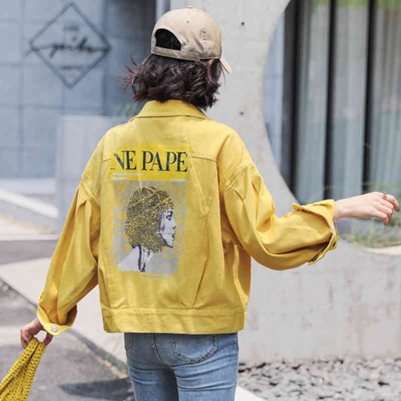 Autumn Korea Fashion Women Long Sleeve Loose Pink Jackets all-matched Casual Back Print Cotton Denim Short Coat S191 210512