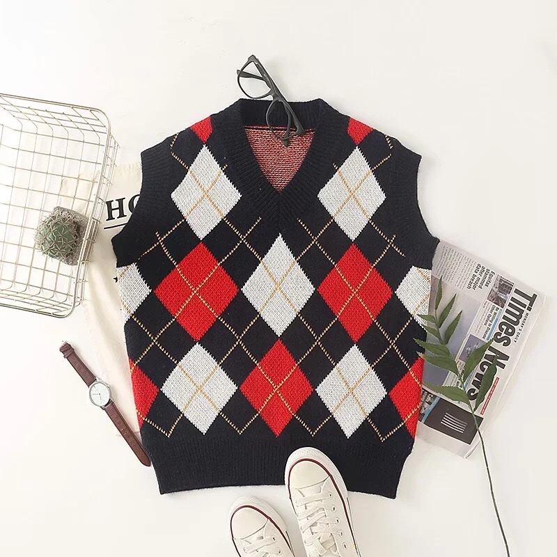Preppy Style Check Plaid Knitted Sweater Vest Women 90s Vintage Korean Clothing Loose Waistcoat Y2K Knitwear Sleeveless Jumper 210429