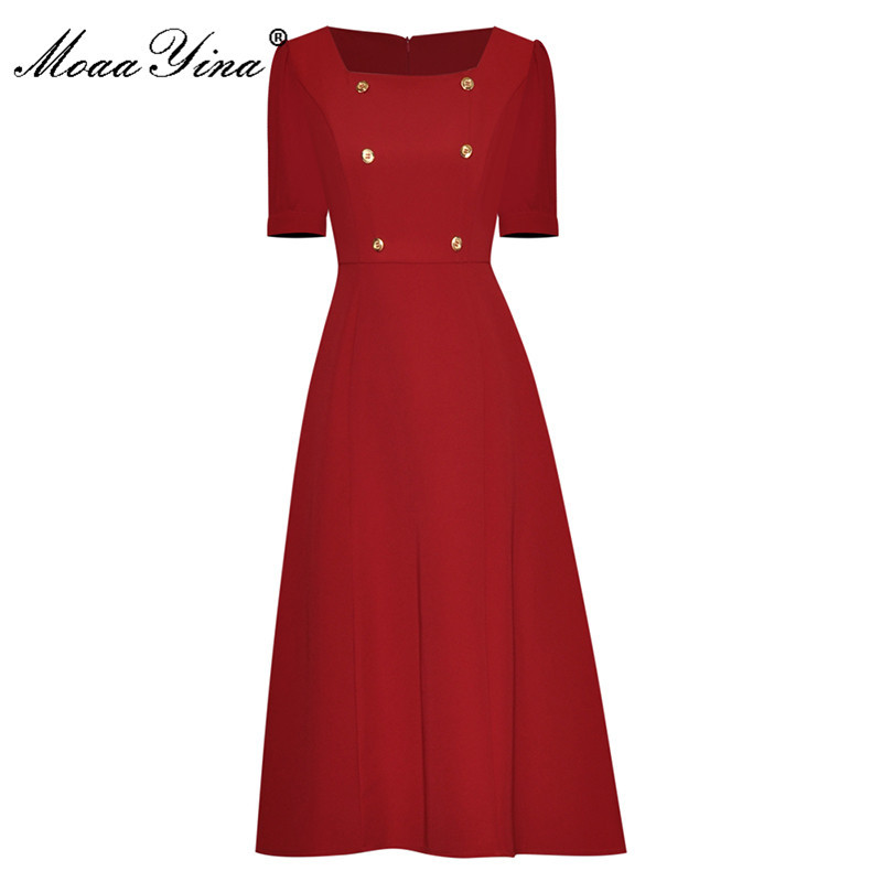 Summer Runway Elegant Party Dress Women Casual Square collar High waist Black/Red Short sleeve A-Line Midi 210524
