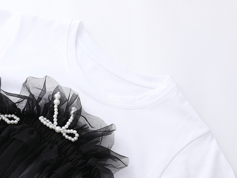 [EAM] Women White Mesh Spliced Ruffle Bow Pearls T-shirt Round Neck Short Sleeve Fashion Spring Summer 1DD7451 210512