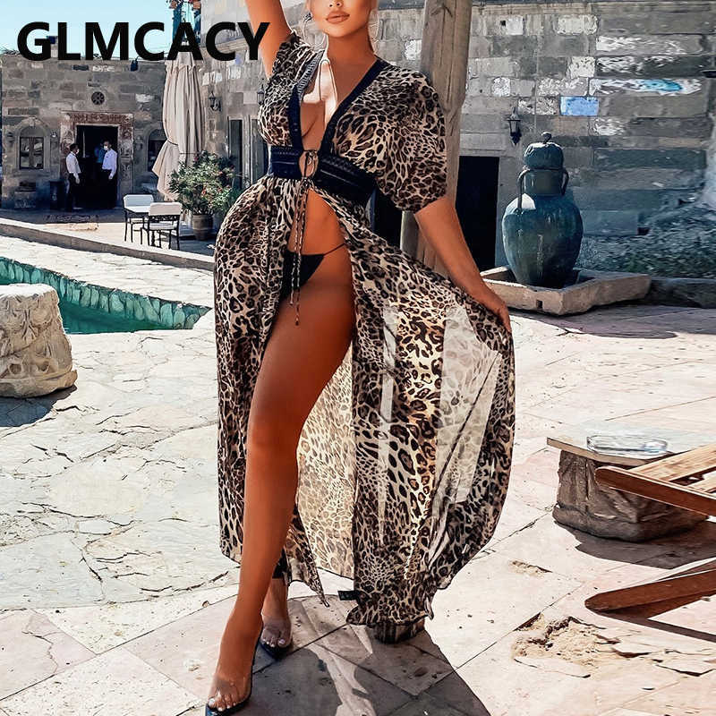 Short Sleeve V Neck Leopard Dress Summer Beach Cover Ups Long Dress 210702