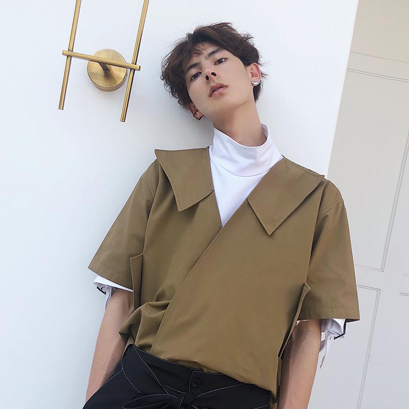 M-XL! Original Summer Long Style Seven-point Sleeve Shirt Korean Version Of The Fashion Personality V-neck Casual Inch Men's Shirts