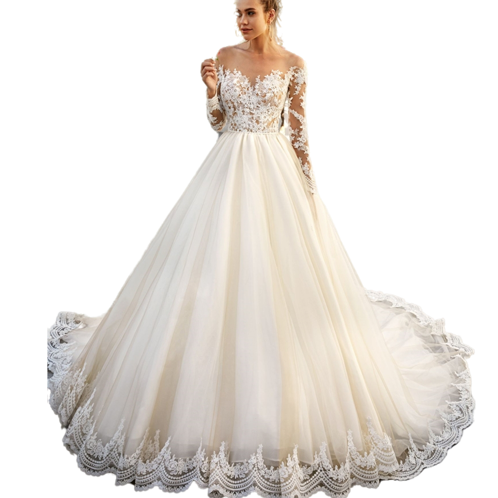 Romantic A Line Wedding Dresses Bridal Gowns With Long Sleeves Sheer Neck Lace Appliques Light Champagne Tulle Bride Dress Illusion Back Buttons 2022 
