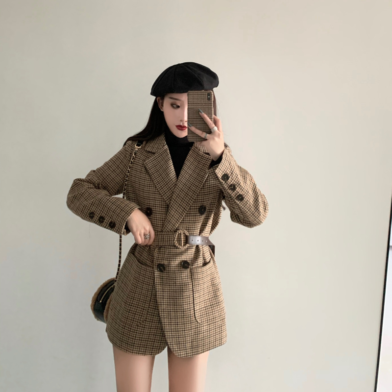 Vintage Double Breasted Office Ladies Plaid Blazer with belt Long Sleeve Houndstooth Suit Coat Jacket Women blazers Female 210519
