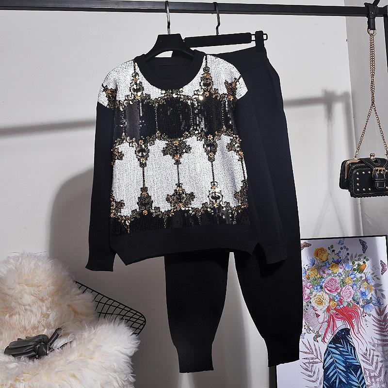 Two Piece Dress Autumn Winter Pullover Women Fashion Sequin Long Sleeve Loose Knitted Sweater + Casual Knit Set Pants Sets, Black
Two Piece Dress Autumn Winter Pullover Women Fashion Sequin Long Sleeve Loose Knitted Sweater + Casual Knit Set Pants Sets, Black