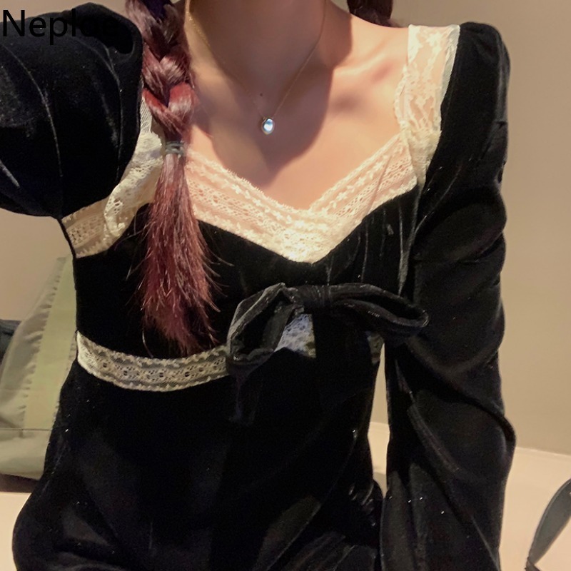 Neploe Korean Vintage Velvet Dress Autumn Winter Temperament Vestidos Lace Patchwork Square Collar Black Mini Dresses Women 210422