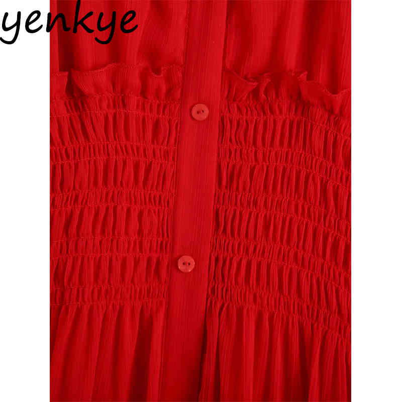 Spring Women Elastic Waist Red Dress Female Short Sleeve V Neck A-line Chiffon Long Party vestido 210430