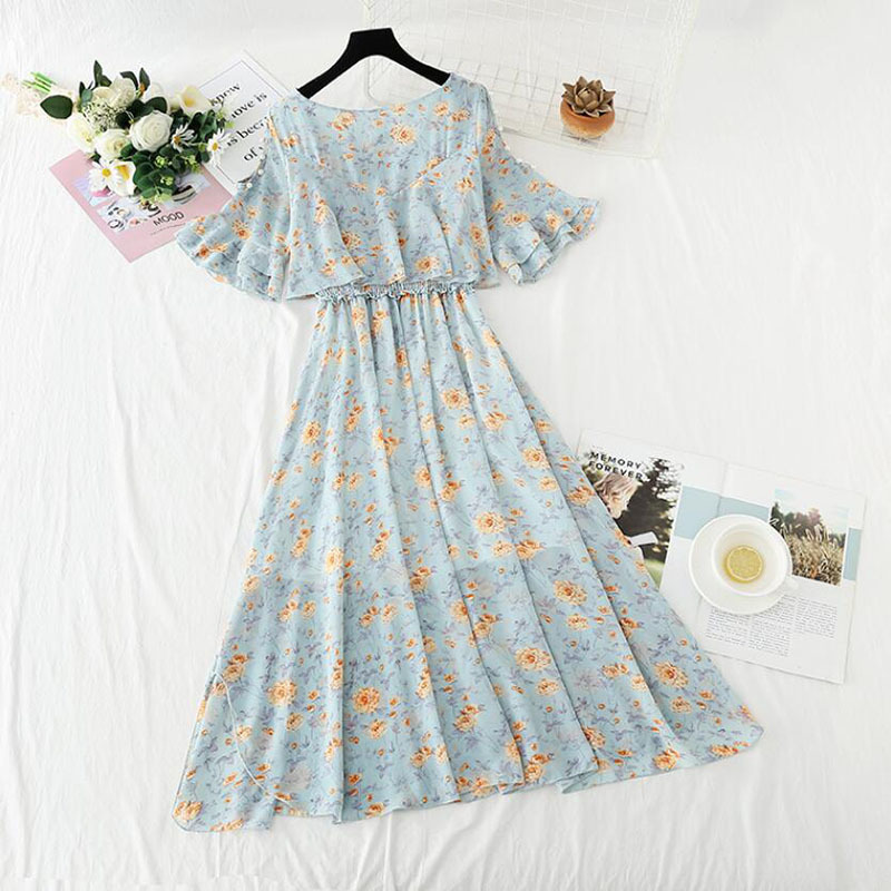 Floral Print Chiffon Dress Summer Fashion Flare Sleeve O-Neck Dew Party Vestidos Elegant Women Midi Dress 210521