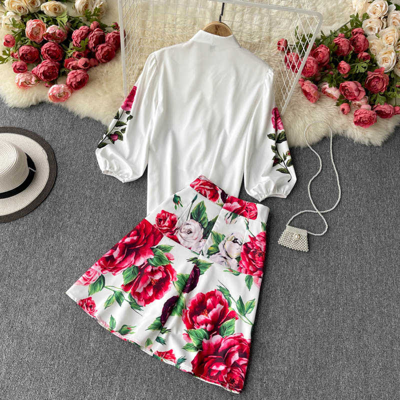 DEAT Women White Floral Lapel Lantern Sleeve Skirt Arrivals Short Two Piece Set Fashion Spring Summer 11D336 210709