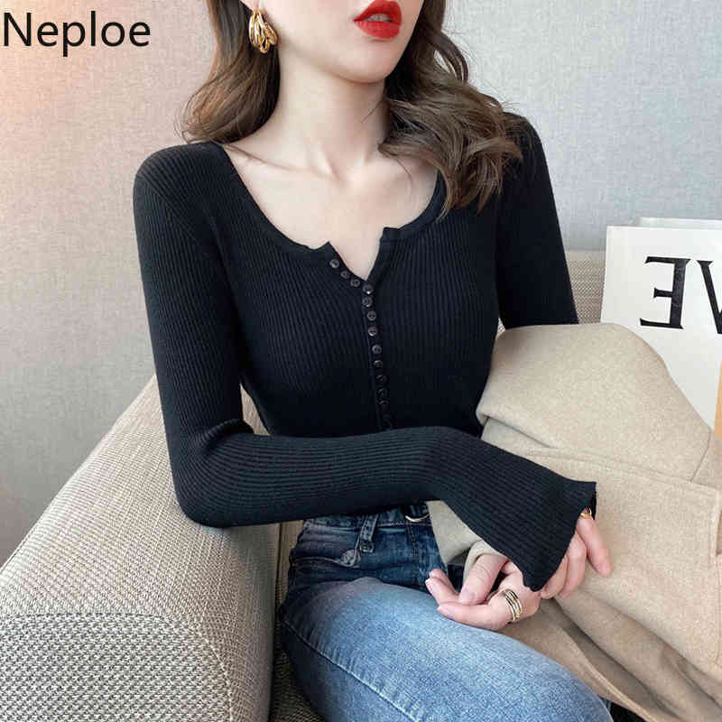Neploe V Neck Sweater for Women Fashion Korean Slim Tops Long Sleeve Knitted Pullovers Elegant Lady Sweaters Knitwear Fall 210422