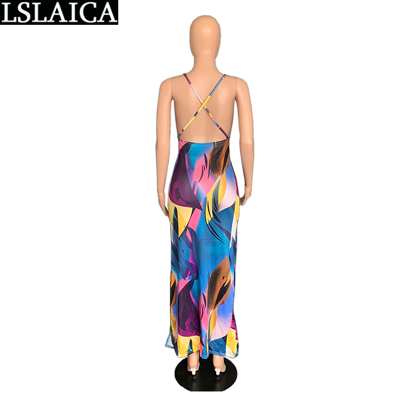 Women's Clothing Sleeveless Print High Waist Backless Sexy Long Dresses for Women Summer Party Club Elegant Ladies Robe 210515