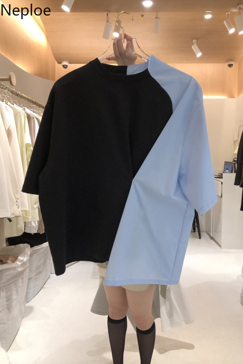 Neploe Korean Tops Summer Women Fashion Clothing O-neck Irregular Shirt Patchwork Contrast Color Tees Loose Casual Tshirt 210422