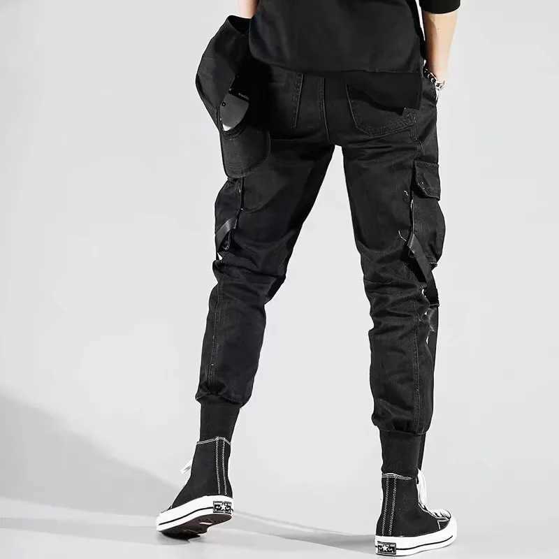 Men's Side Pockets Harem Pants 2021 Autumn Hip Hop Casual Ribbons Design Male Joggers Trousers Fashion Streetwear Pant Black Y0811