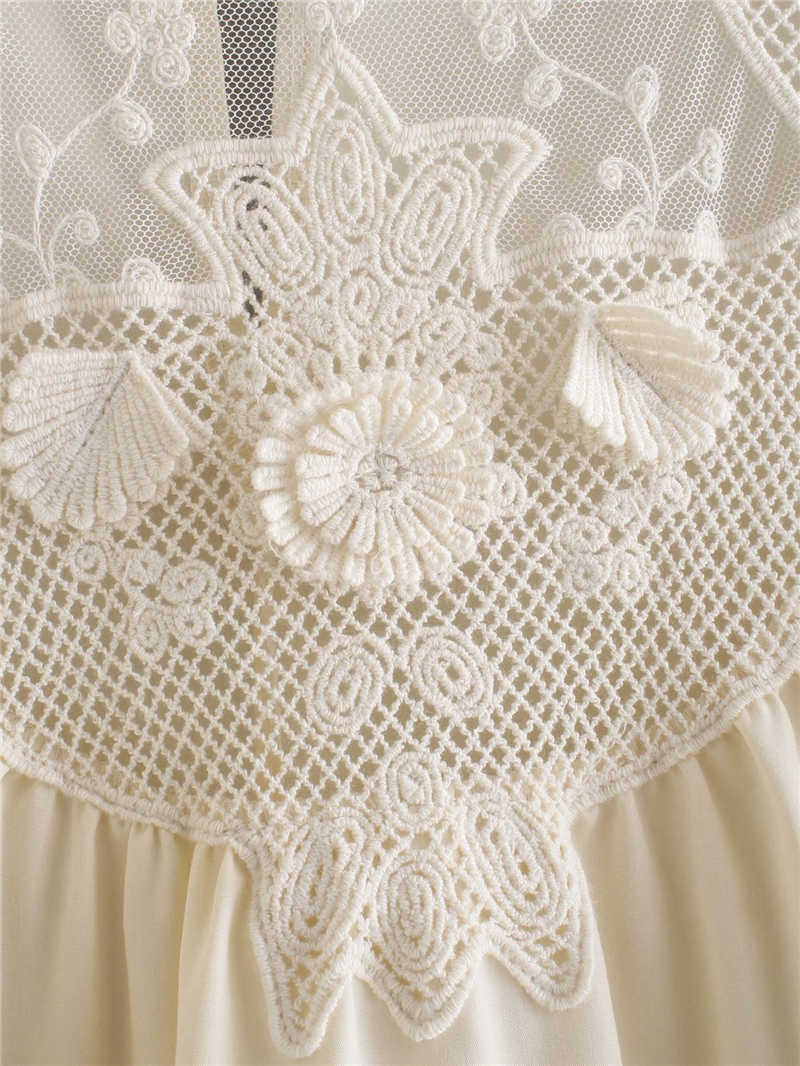 Elegant Women Beige Embroidery Shirts Fashion Ladies Mesh O-Neck tops Streetwear Female Chic Patchwork Blouses 210527