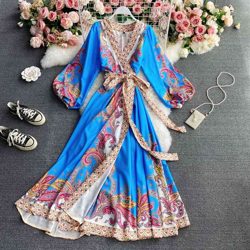 Nomikuma Vintage Printing Women Dress Korean Bow Bandage Slim Waist Dresses Lantern Sleeve V-neck Elegant Vestidos 6E691 210427