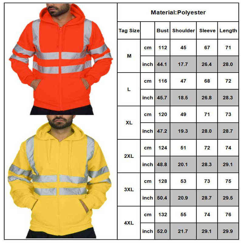 Mens Hi Vis Viz Visibility Hooded Sweatshirt Safety Work Jacket Coat Zip Outwear Summer Zip Tops 211110
