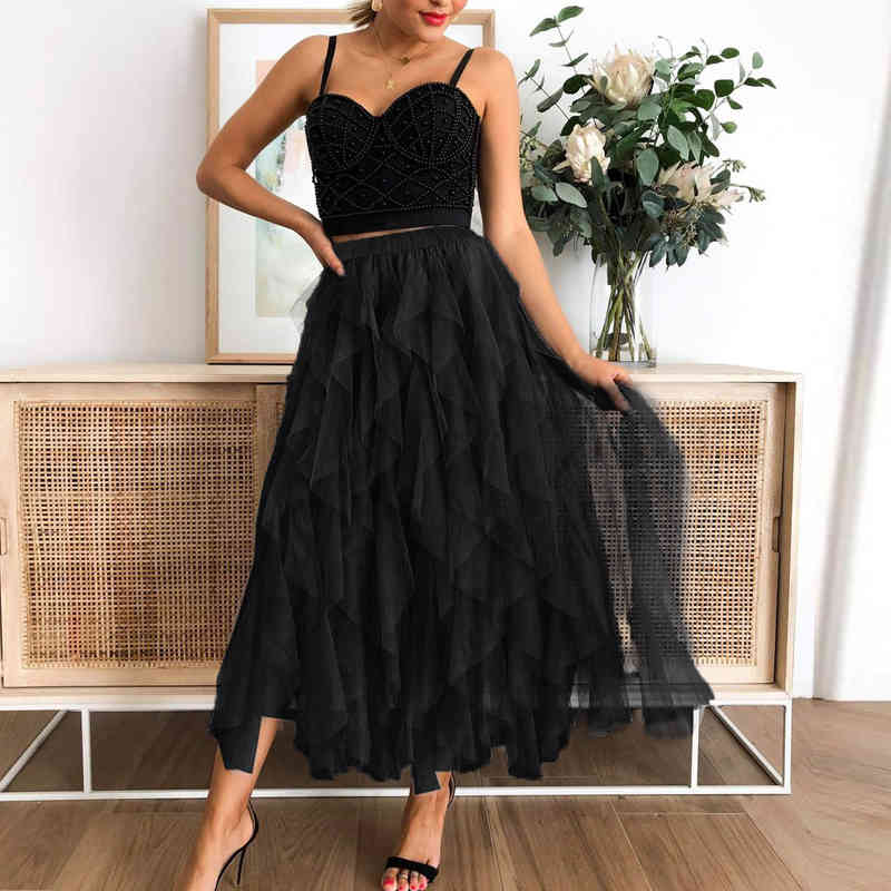 Irregular Hem Tulle Skirts Women Summer Fashion Elastic High Waist Mesh Midi Skirt Female Pleated Long Skirt Casual Party Skirts 210507