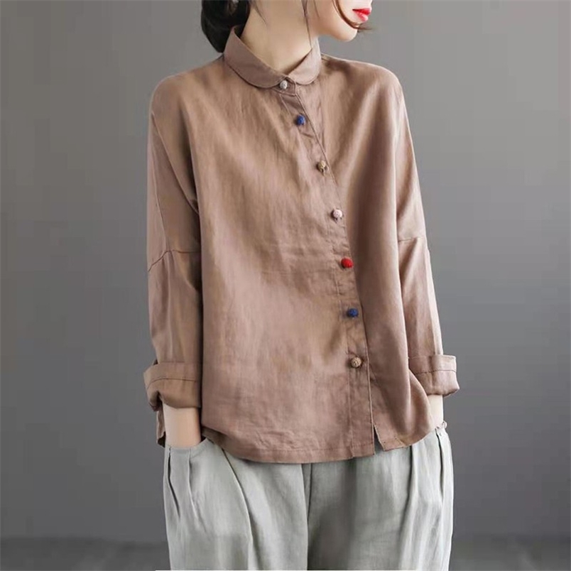 Arrival Spring/autumn Women Loose Casual Long Sleeve Peter Pan Collar Blouse Single Breasted Cotton Linen Shirts W198 210512