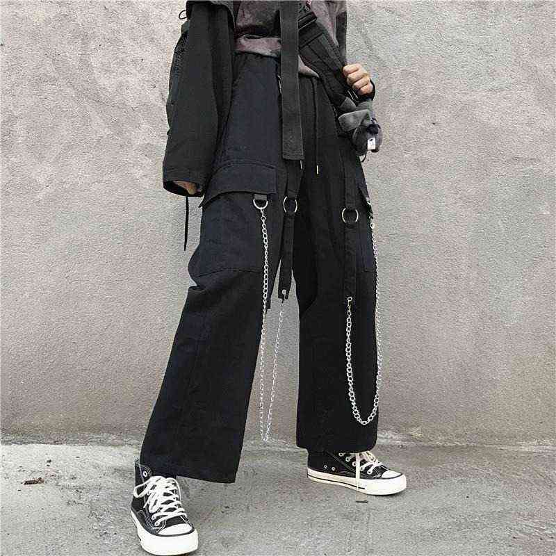 QWEEK Gothic Harajuku Cargo Pant Punk Chain Wide Leg Korean Style Oversized Streetwear Trousers Female Techwear Emo 211124