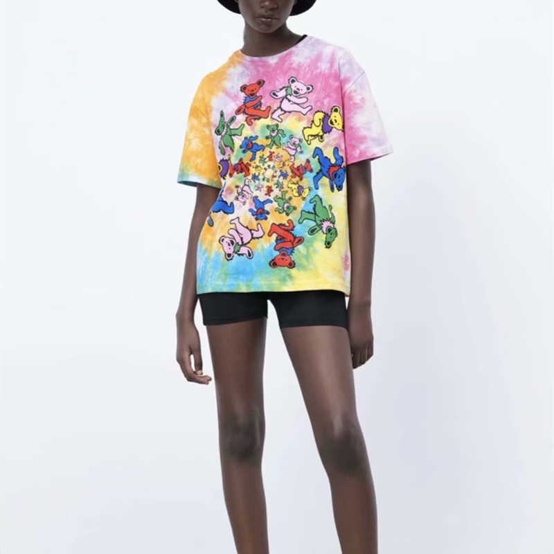 Spring Summer Cartoon Flower Print Tie Dye Short Sleeve T-shirt Women's Trend Tees Loose Casual Korean Women Tops QWZ6 210603